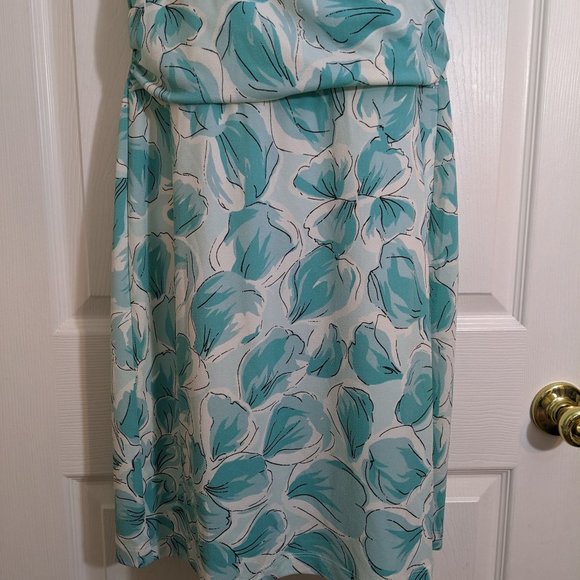Ann Taylor Sea Blue White Petal Print Faux Wrap Sleeveless Midi Dress - size MP - Picture 5 of 10